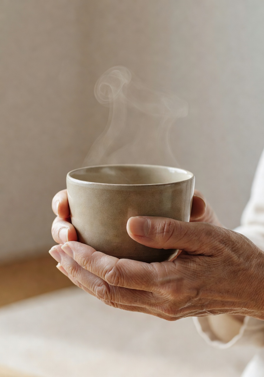 温かいお茶を包む手