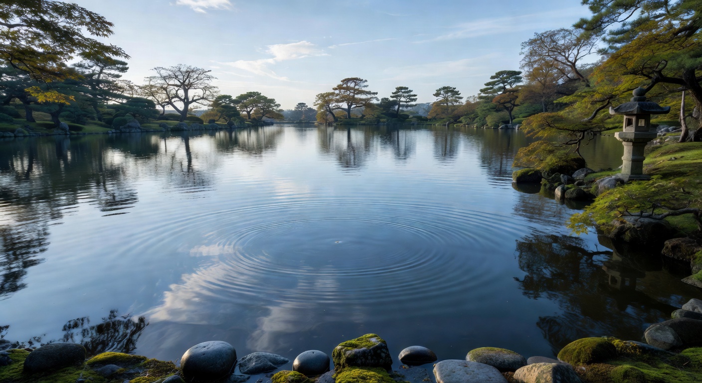池の波紋と映り込み